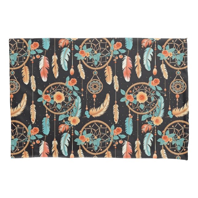 Dreamcatcher dark floral feather orange teal  pillow case (Front)