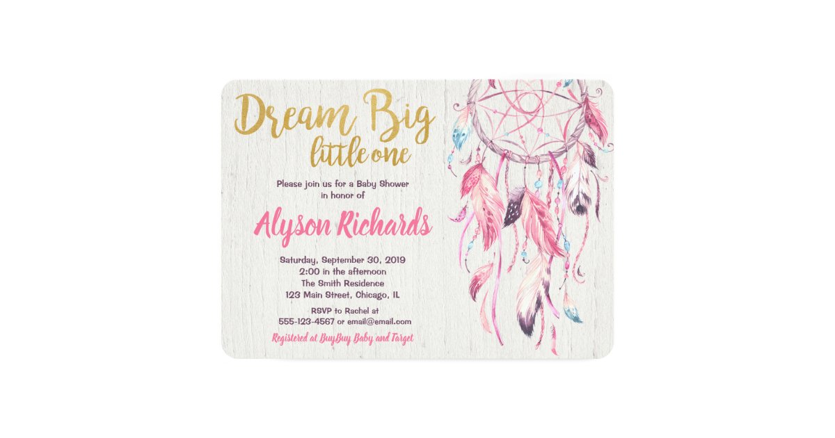 Dreamcatcher Dream Big Little One Baby Shower Girl Invitation