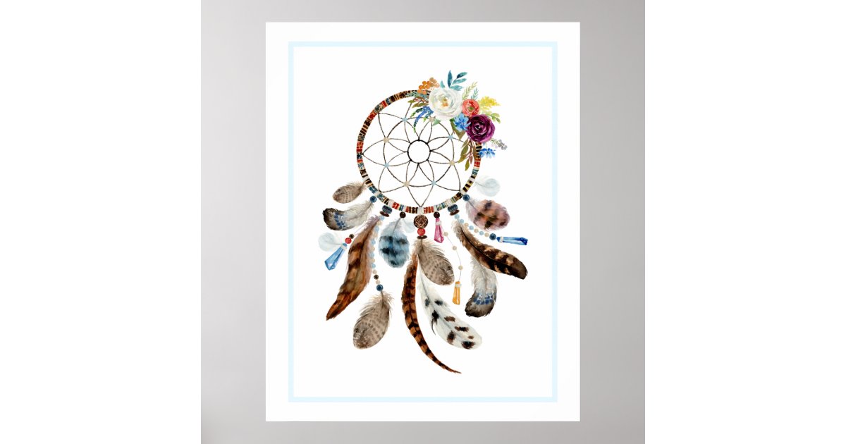 Dreamcatcher feathers & flowers illustration poster | Zazzle