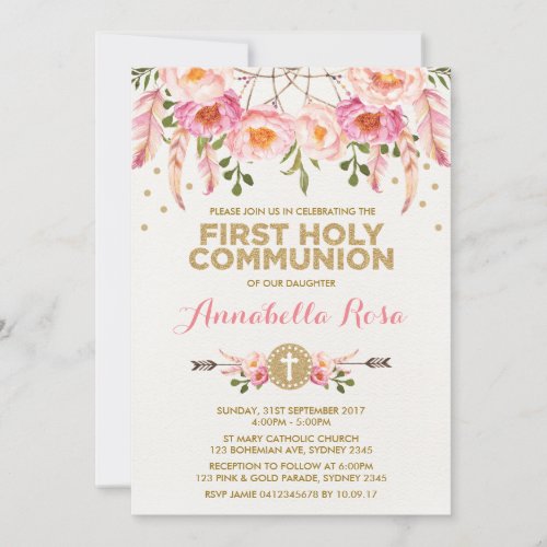 Dreamcatcher Holy Communion Chic Pink Gold Floral Invitation