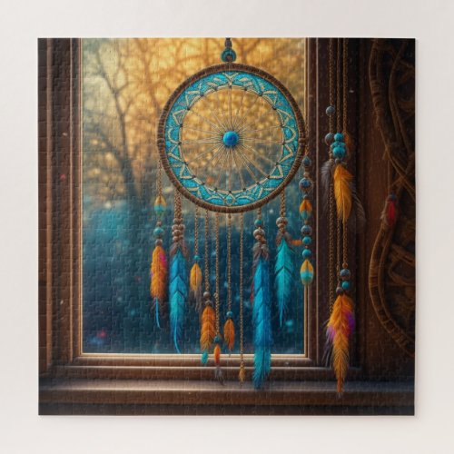 Dreamcatcher in a Window Fall Leaves Jigsaw Puzzle