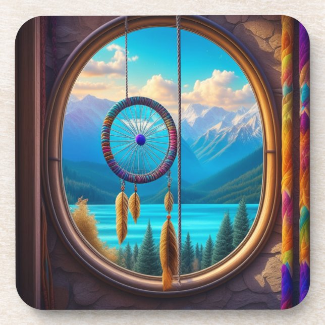 Dreamcatcher in Window Overlooking the Mountains  Beverage Coaster (Front)