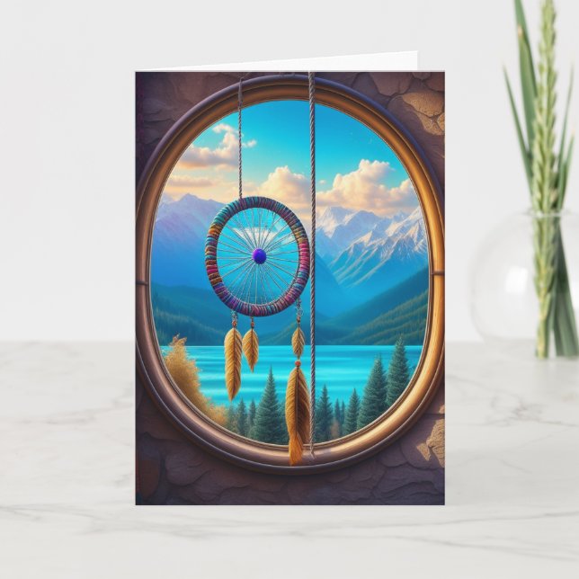 Dreamcatcher in Window Overlooking the Mountains  Card (Front)