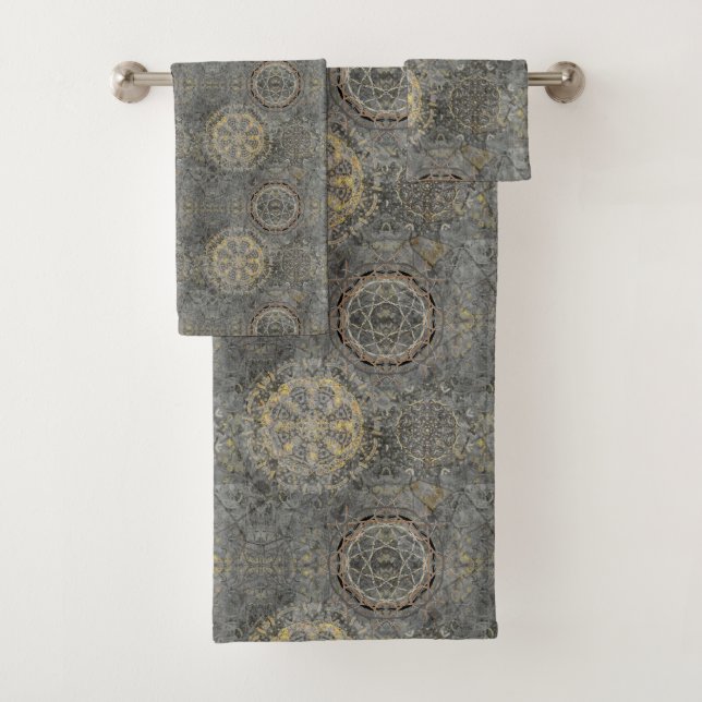 Dreamcatcher mandala grey yellow bath towel set (Insitu)