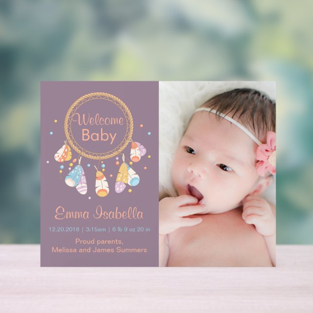 Dreamcatcher New Baby Newborn Birth Announcement 3 Acrylic Sign (Neutral)