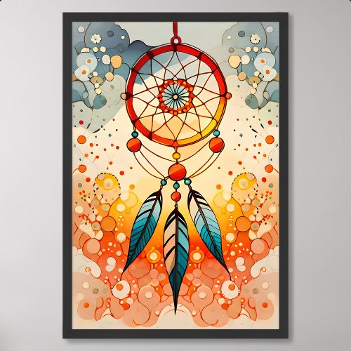 dreamcatcher painting decorated blue feather beads poster