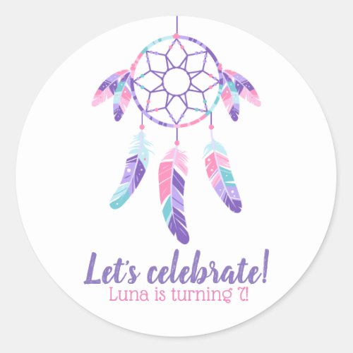 Dreamcatcher pink purple teal kids birthday party classic round sticker