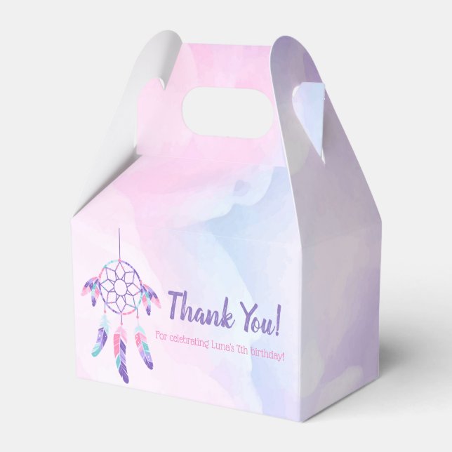 Dreamcatcher pink purple teal kids birthday party favor boxes (Front Side)