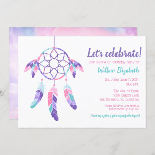 Dreamcatcher pink purple teal kids birthday party invitation