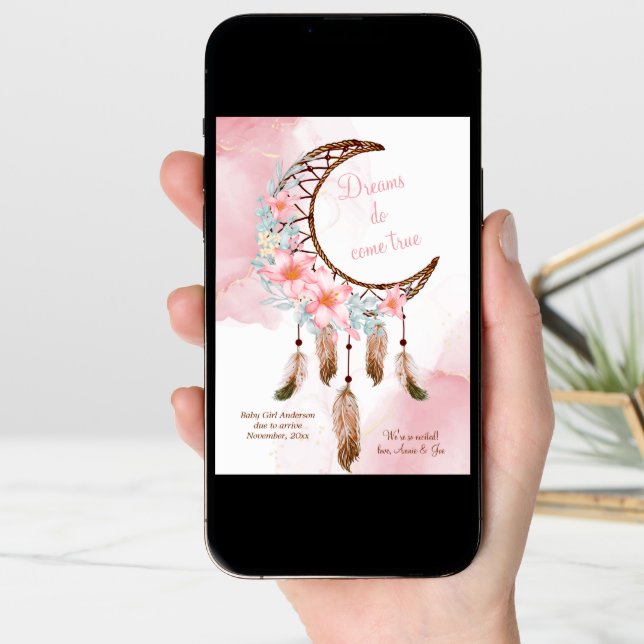 Dreamcatcher Pink Watercolor Pregnancy Announcemen Announcement (Front Digital)