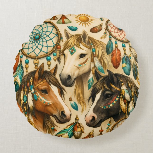 Dreamcatcher Ponies Round Pillow (Front)