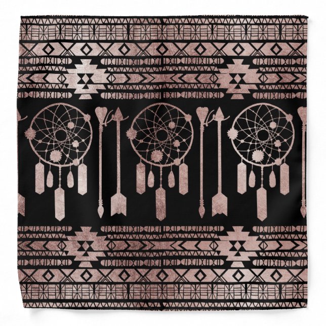 Dreamcatcher Rose Gold Tribal Aztec on Black Bandana (Front)