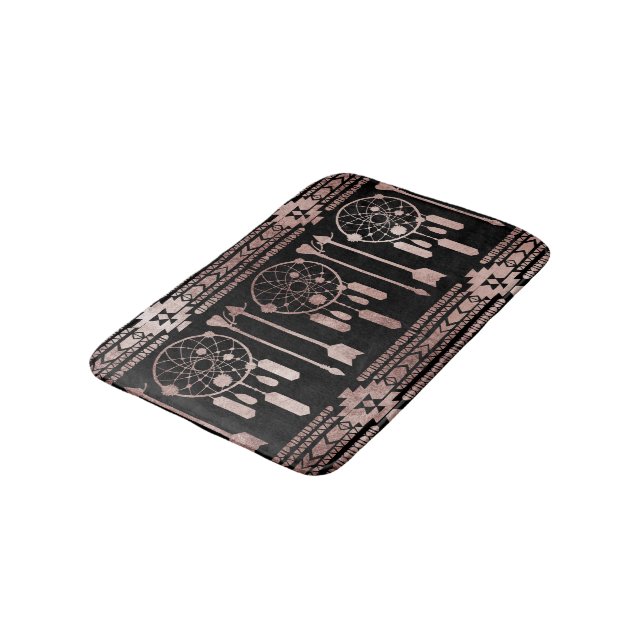 Dreamcatcher Rose Gold Tribal Aztec on Black Bath Mat (Angled)