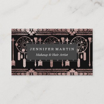 Dreamcatcher Rose Gold Tribal Aztec On Black Business Card by BlackStrawberry_Co at Zazzle