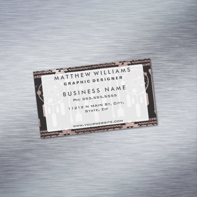 Dreamcatcher Rose Gold Tribal Aztec on Black Business Card Magnet (In Situ)