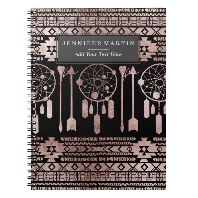 Dreamcatcher Rose Gold Tribal Aztec on Black Notebook (Front)
