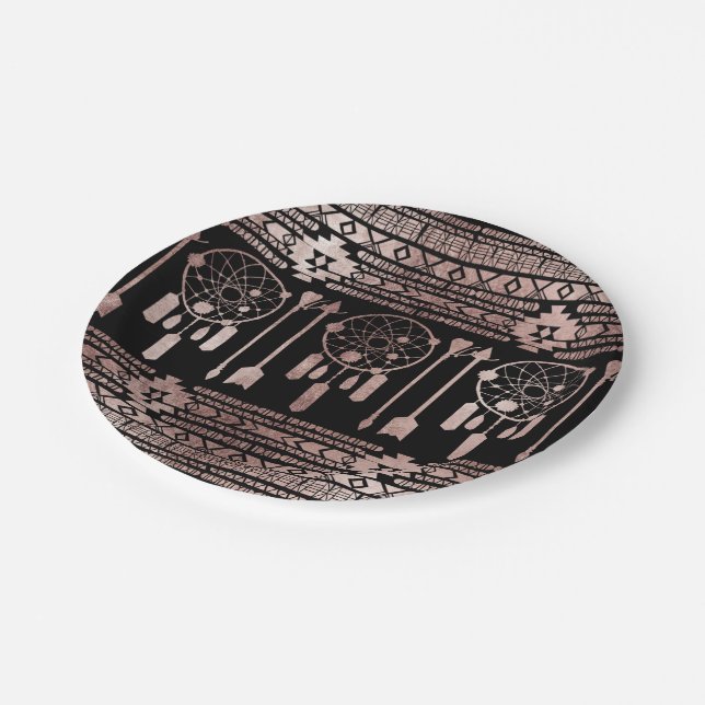Dreamcatcher Rose Gold Tribal Aztec on Black Paper Plates (Angled)