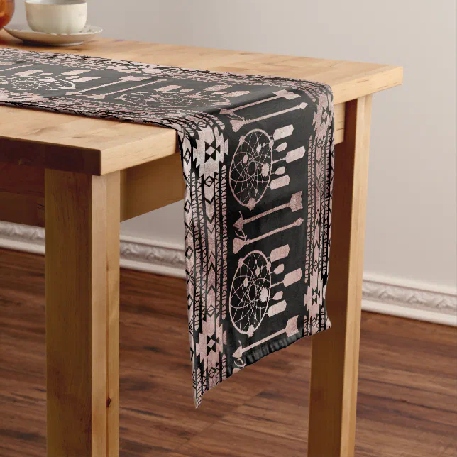 Dreamcatcher Rose Gold Tribal Aztec on Black Short Table Runner | Zazzle