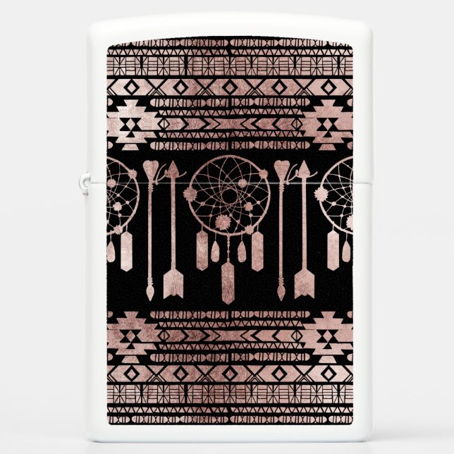 Dreamcatcher Rose Gold Tribal Aztec on Black Zippo Lighter (Front)