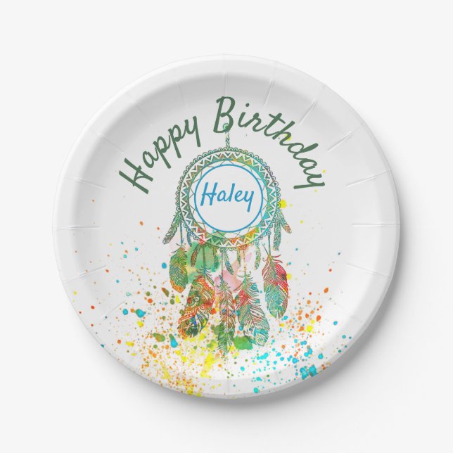 Dreamcatcher splatter personalized  paper plates (Front)