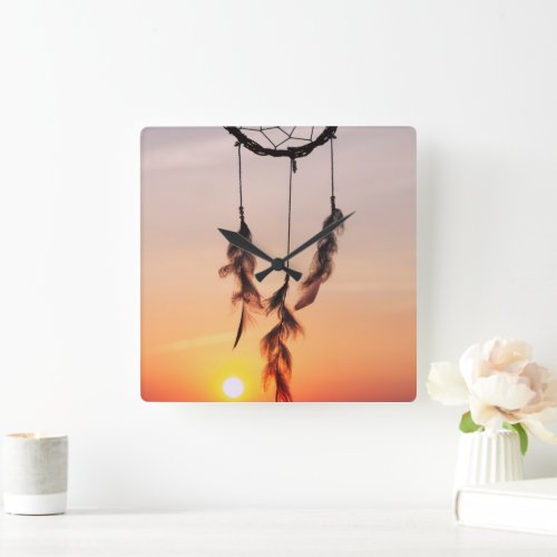 Dreamcatcher Sunset Yoga Indian Amulet Orange Square Wall Clock