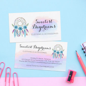 Dreamcatcher Watercolor Feathers Rustic Boho Chic Business Card by CyanSkyDesign at Zazzle