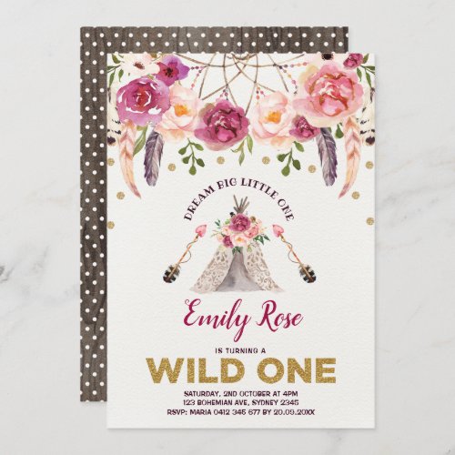 Dreamcatcher WILD ONE Boho Floral Birthday Party Invitation