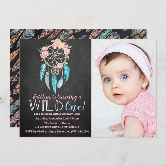 Dreamcatcher Wild One Photo Birthday Invitations (Front/Back)