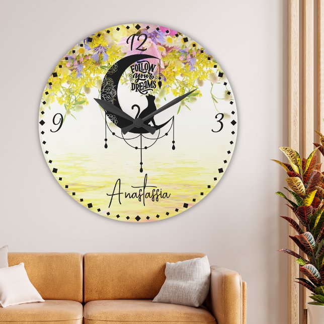Dreamcatcher with cat | Follow your dreams Large Clock (Creator Uploaded)