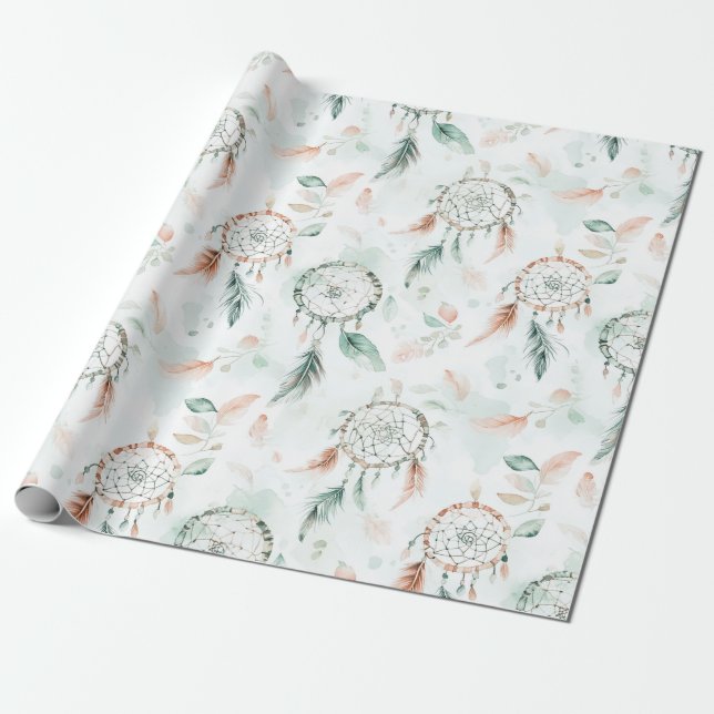Dreamcatchers and Feathers Pastel Wrapping Paper (Unrolled)