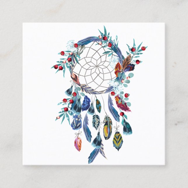 Dreamcatchers and watercolor feathers.  square business card (Front)