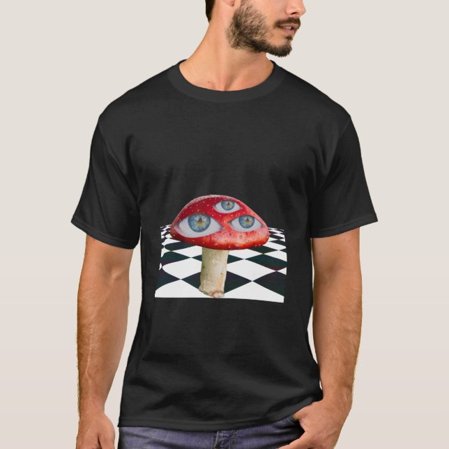 Dreamcore Weirdcore Aesthetic Mushroom Eye Checker T-Shirt (Front)