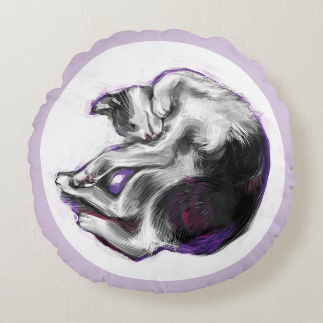 Dreaming cat Sleeping Hand Drawn Realistic Art. Round Pillow (Front)