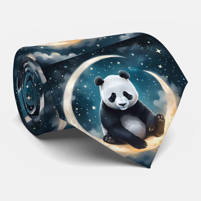 Dreaming in Moonlight: Panda's Celestial Serenade Neck Tie (Rolled)