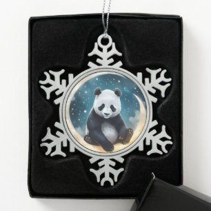 Dreaming in Moonlight: Panda's Celestial Serenade Snowflake Pewter Christmas Ornament
