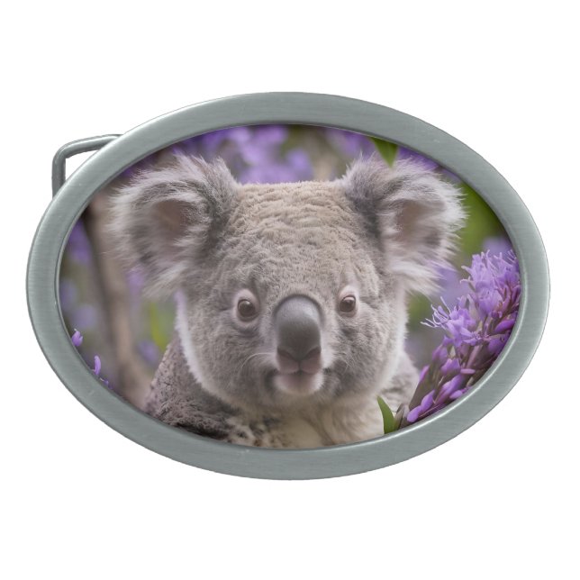 "Dreaming in Purple: A Koala in a Jacaranda Tree Belt Buckle (Front)
