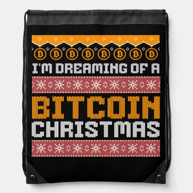 Dreaming of a BITCOIN CHRISTMAS Faux Knit Pattern Drawstring Bag (Front)