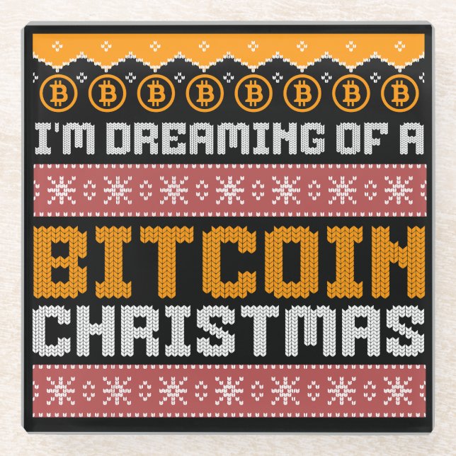 Dreaming of a BITCOIN CHRISTMAS Faux Knit Pattern Glass Coaster (Front)