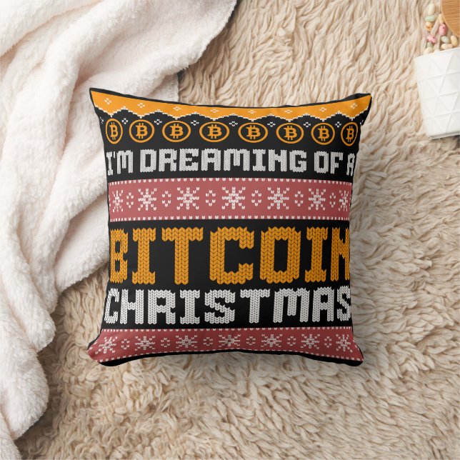 Dreaming of a BITCOIN CHRISTMAS Faux Knit Pattern Throw Pillow (Blanket)