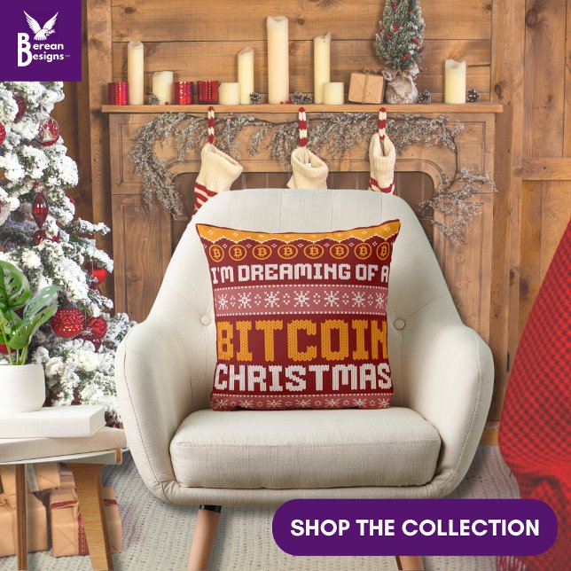 Dreaming of a BITCOIN CHRISTMAS Faux Knit Pattern  Throw Pillow (Fun stylish BITCOIN CHRISTMAS pillow to add to your festive Christmas home décor. Matching gifts too)