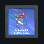 Dreaming Of A Great White Shark Christmas Keepsake Box<br><div class="desc">Santa isn't using the deer this year. Instead he's riding a friggin' GREAT WHITE SHARK! Check out this fun and colorful cartoon for some holiday fun. Featuring a strange and hilarious cartoon of Santa riding a shark with some little elf friends along on a dreamscape-like blue night sky background with...</div>