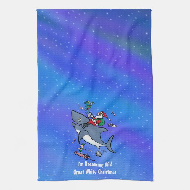 Dreaming Of A Great White Shark Christmas Kitchen Towel (Vertical)