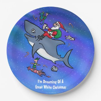 Dreaming Of A Great White Shark Funny Christmas Paper Plates by BastardCard at Zazzle
