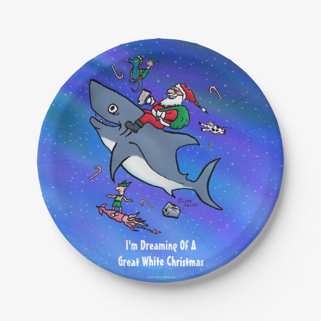 Dreaming Of A Great White Shark Funny Christmas Paper Plates (Front)