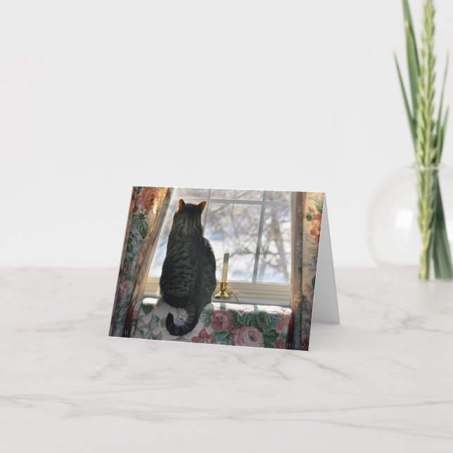 Dreaming of a White Christmas - Cat at Window Holiday Card (Front)