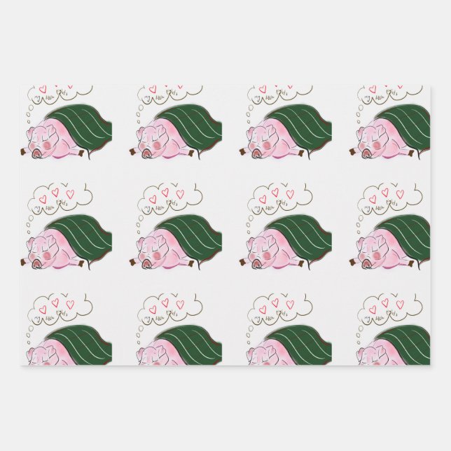 Dreaming Pig in a Blanket Wrapping Paper Sheet Set (Front)