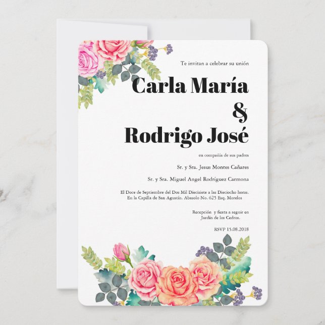 Dreaming Rose Spanish Wedding Invitation (Front)
