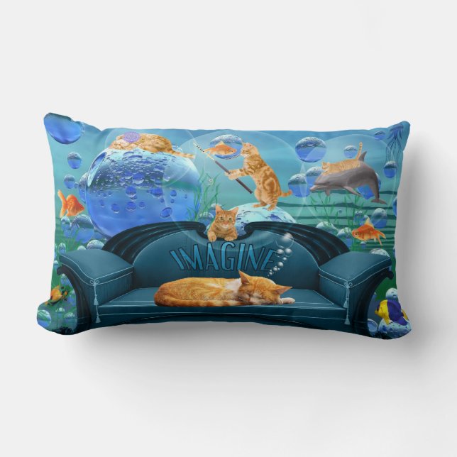 Dreaming Tabby Cat Underwater Fantasy Lumbar Pillow (Front)