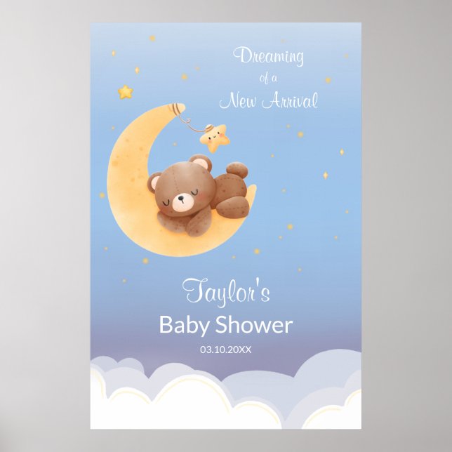 Dreaming Teddy Bear Moon Soft Blue Baby Shower Poster (Front)