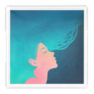 Dreaming Watercolor Drawing in Aquamarine Acrylic Tray